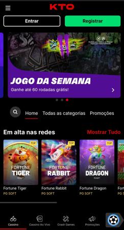 Página inicial da KTO com destaque para Fortune Tiger, Fortune Rabbit e Fortune Dragon, classificados como os slots em alta nas redes.