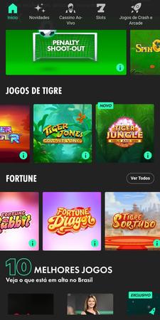 Tela da Bet365 com jogos de tigre como Tiger Jones e Tiger Jungle, além de slots da série Fortune como Fortune Dragon e Tigre Sortudo