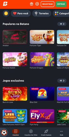 Tela da Betano com jogos populares como Aviator, Fortune Tiger, Fortune Ox e Fortune Dragon, além de slots exclusivos como Burn in Love e FlyX Party.