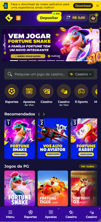 Página inicial do cassino MultiBet com destaque para o slot Fortune Snake e seção de jogos recomendados como Aviator e Fortune Rabbit