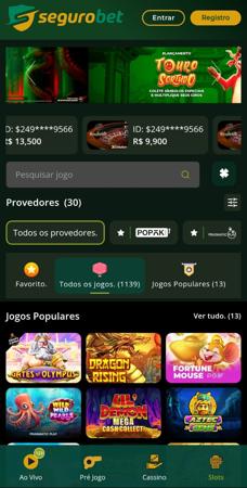 Tela do cassino SeguroBet apresentando jogos como Gates of Olympus, Fortune Mouse e Touro Sortudo.