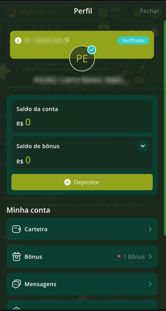 Tela do perfil na SeguroBet com status de conta verificada, saldo da conta e bônus zerados, e botão para depósito.