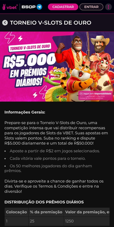 Página do Torneio V-Slots de Ouro na VBET, com premiação diária de R$5.000 para os melhores jogadores de slots.