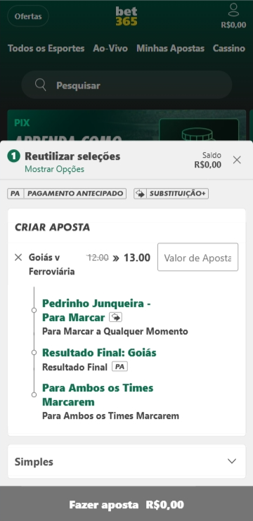Página de bilhete com criar aposta na bet365 para a partida Goiás x Ferroviária