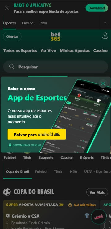 Página principal da bet365 com banner para download do app