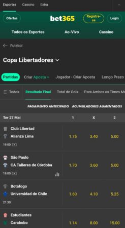Casa de aposta bet365 com odds para os jogos da Copa Libertadores da América
