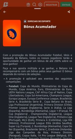 Bônus Acumulador da Betano que oferece até 200% extra em apostas múltiplas de competições esportivas.