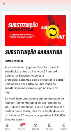 Promoção Substituição Garantida da Superbet que protege apostas se o jogador for substituído antes do segundo tempo.
