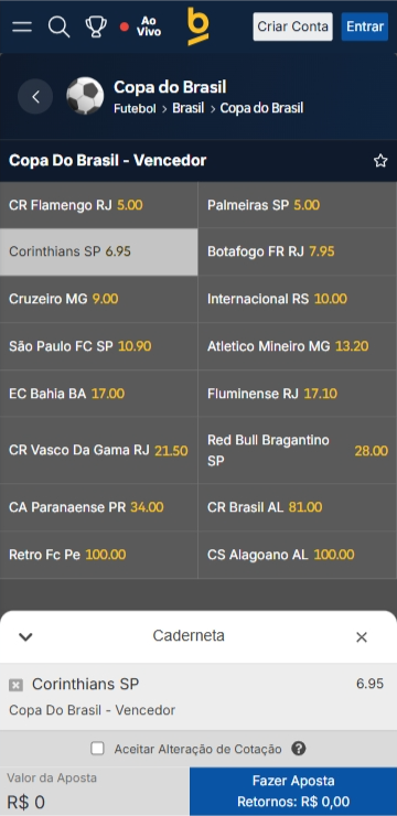 Cupom de aposta na Betnacional com o Corinthians selecionado como Vencedor da Copa do Brasil 2025