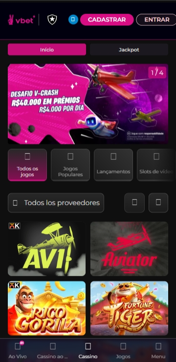 Cassino Vbet com Fortune Tiger e Aviator na tela e o desafio V-Crash com prêmios em dinheiro
