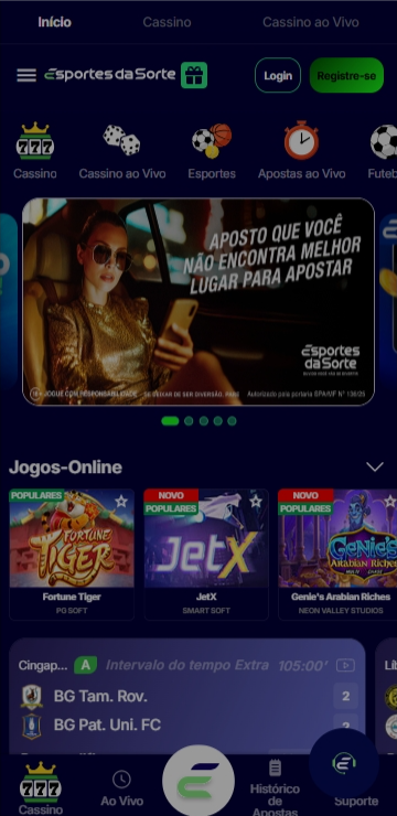 Página principal da Esportes da Sorte com jogos de cassino e odds em partida da Taça da Singapura 2025
