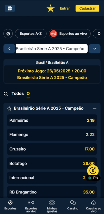 Odds do Brasileirão na Estrela Bet com o Palmeiras como favorito da temporada