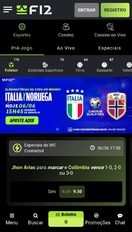 Página de esportes da F12.Bet com cotações para Jhon Arias marcar e a Colômbia vencer nas Eliminatórias da Copa