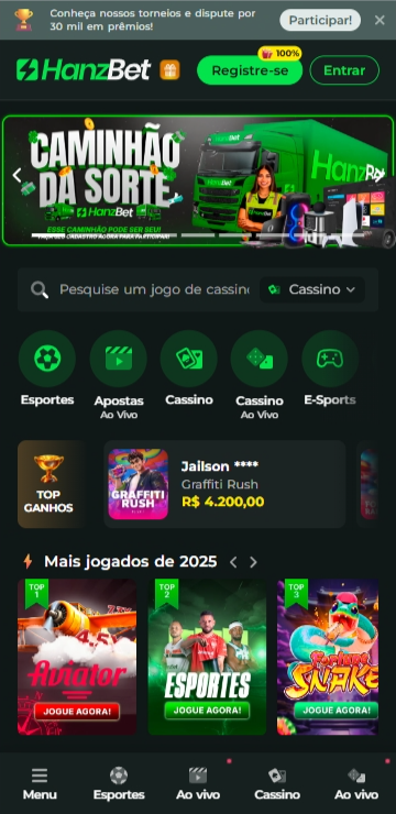 Página do cassino Hanzbet com a promoção Caminhão de Sorte e o Aviator entre os mais jogados de 2025