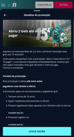 Promoção da Novibet que paga antecipadamente se dois gols forem marcados até os 15 minutos, com imagem de jogador em campo.