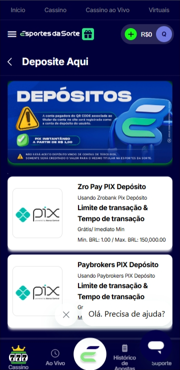 Página de depósito da plataforma bet Esportes da Sorte com opções Pix pela Paybrokers e ZROpay