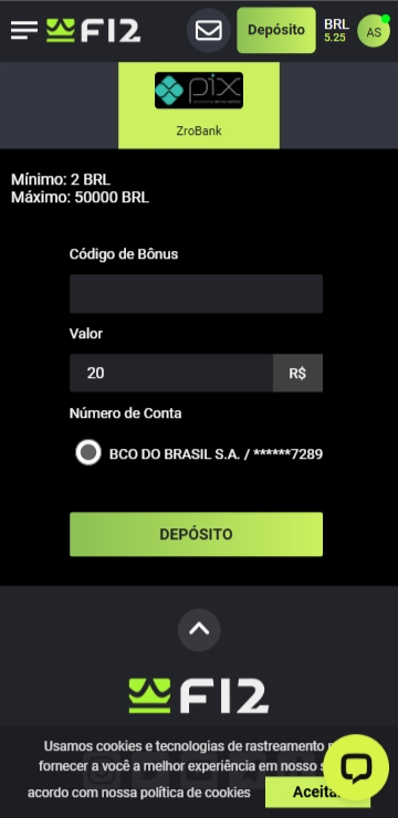 Página de depósito na plataforma de 2 reais F12.Bet