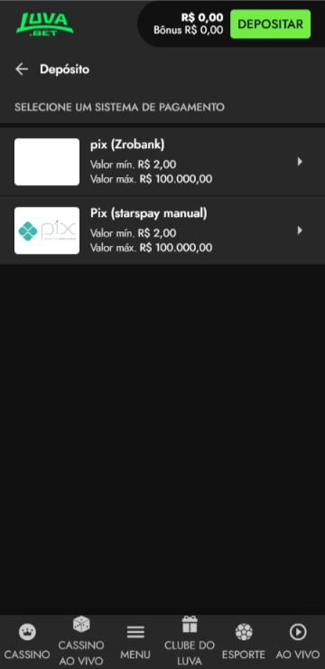 Página de depósito com Pix pelo Zrobank na Luva.Bet, uma plataforma bet de 2 reais