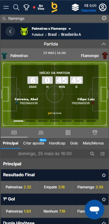 Página do jogo Palmeiras x Flamengo com mercado Resultado Final disponível pré-jogo, equivalente a 1x2 aposta.