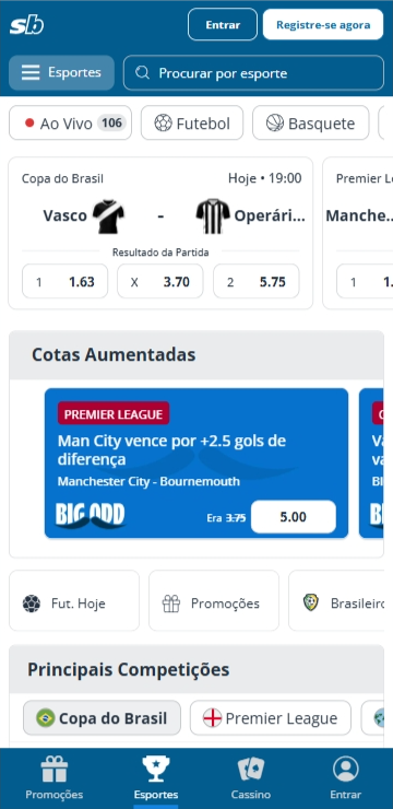 Página de esportes Sportingbet com cotações pré-jogo no Vasco x Operário e Big Odds na Premier League
