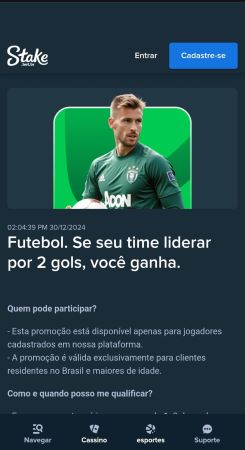 Promoção da Stake que garante vitória se o time liderar por 2 gols, além das regras sobre como participar