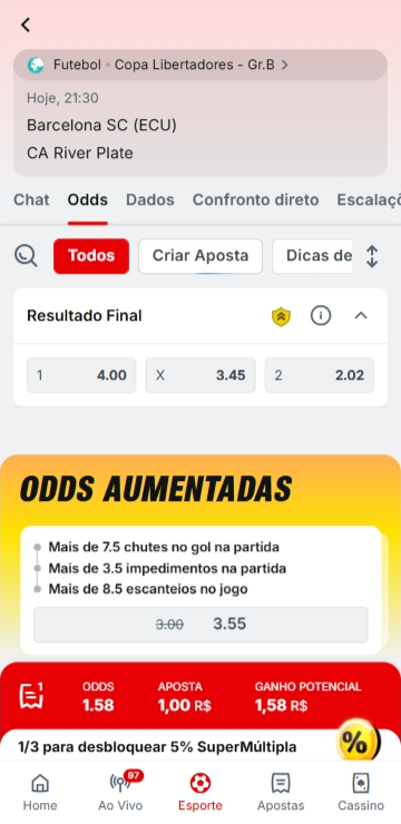 Partida Barcelona SC (ECU) x CA River Plate pela Libertadores com pagamento antecipado mercado Resultado Final na Superbet