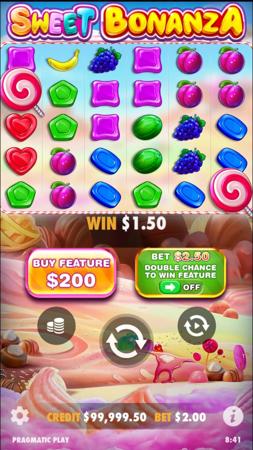 Slot Sweet Bonanza com cenário de doces e frutas coloridas nos rolos, função de compra de rodadas grátis e aposta mínima de $2