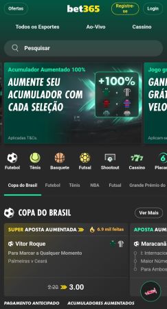 Acumulador Aumentado da Bet365 com oferta de 100% extra em apostas combinadas, e apostas ao vivo na Copa do Brasil.
