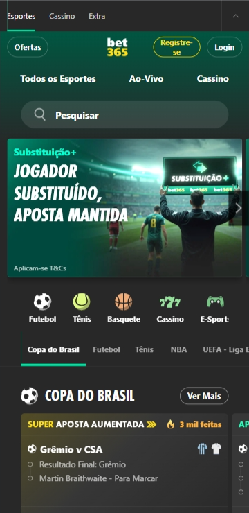 Página de esportes do site mobile da bet365