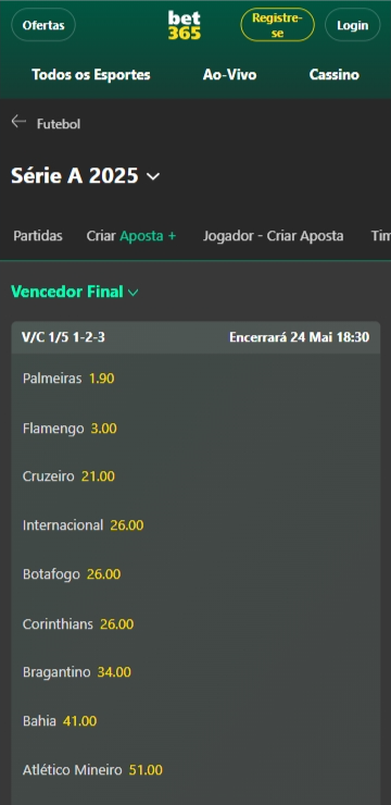 Tela da bet365 exibindo apostas de longo prazo para o Brasileirão Série A 2025. Palmeiras aparece com odd 1.90, seguido por Flamengo, Cruzeiro e Internacional.