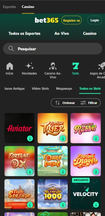 Página de slots da bet365 com jogos da saga Fortune e Gates of Olympus