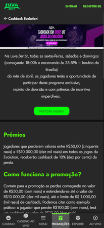 Detalhes da promoção Cashback Evolution da Luva.Bet com regras de participação e valores de reembolso para jogos da Evolution