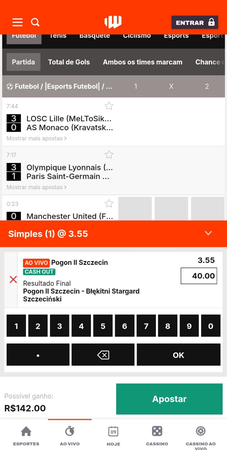 Cupom de aposta ao vivo na Betwarrior com palpite ao vivo em Pogon II Szczecin por odd de 3.55 e valor apostado de R$40 com possível ganho de R$142