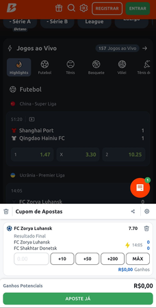 Cupom de apostas aberto na Betano com seleção da vitória do Zorya Luhansk sobre o Shakhtar Donetsk por odd de 7.70