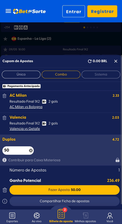 Cupom de aposta múltipla na Bet dá Sorte com palpites em AC Milan e Valencia, valor de aposta de R$50 e ganho potencial de R$236,49.
