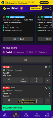 Casa de apostas Multibet com odds turbinadas para o jogo Chelsea vs Djurgardens IF na UEFA Conference League, apostas ao vivo em partidas da 1ª Divisão do Azerbaijão e menu inferior com seções de esportes e cassino.