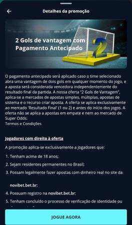 Promoção da Novibet com pagamento antecipado em apostas de futebol com dois gols de vantagem.