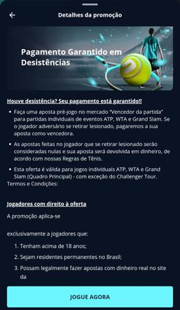 Tela da promoção da Novibet com o título “Pagamento Garantido em Desistências”, destacando as regras para apostas em partidas de tênis ATP, WTA e Grand Slam
