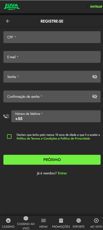 Tela de cadastro da Luva.Bet com campos para CPF, e-mail, senha e número de telefone