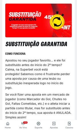 Tela da promoção “Substituição Garantida” da Superbet, explicando que apostas em jogadores substituídos antes do segundo tempo são anuladas automaticamente.
