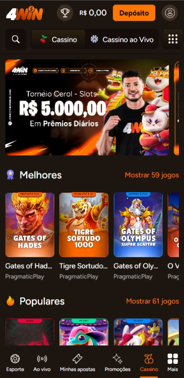 Cassino 4win com destaque para os melhores jogos, como Gates of Hades, Tigre Sortudo 1000 e Gates of Olympus
