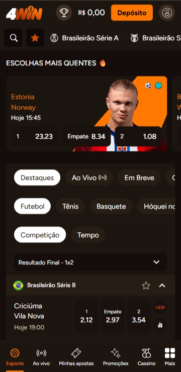 Seção de esportes da 4win com odds para a partida Estonia x Noruega