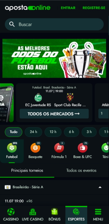 Página de esportes na ApostaOnline com jogos da série A do Brasileirão