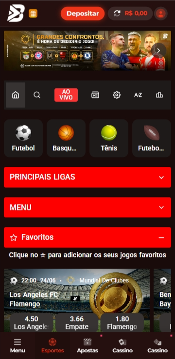 Página da Bateubet de esportes com banner de destaque para a partida Los Angeles FC x Flamengo e principais ligas esportivas