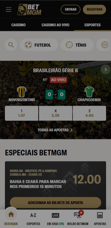 Nova casa de apostas BetMGM com banner da partida Novorizontino x Chapecoense pela série B