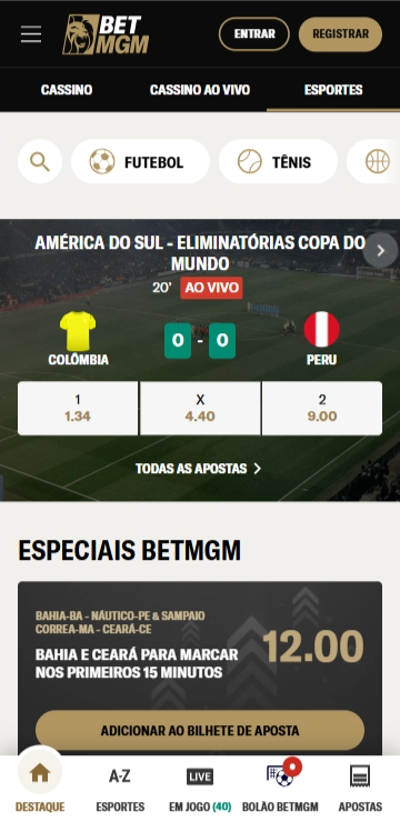 Página de esportes em destaque na BetMGM com partida Colombia 0-0 Peru pelas Eliminatórias da Copa do Mundo