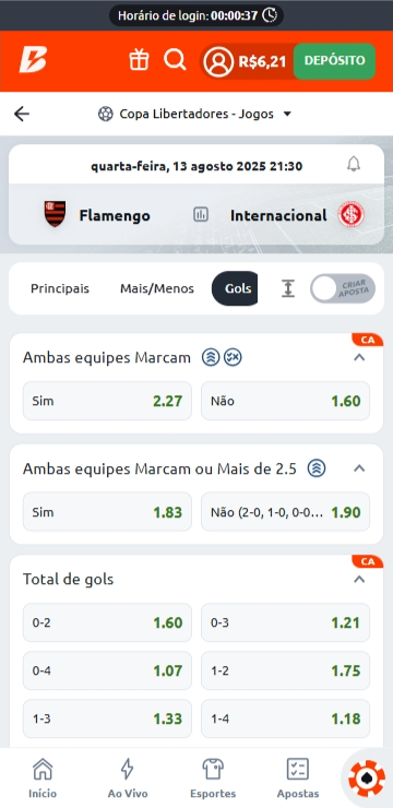 Mercado de Ambas Equipes Marcam na partida Flamengo x Internacional pela Libertadores na Betano