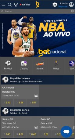 Apostas na Betnacional com destaque para banner promocional da NBA ao vivo e cotações para jogos da Libertadores e Série B do Brasileirão.