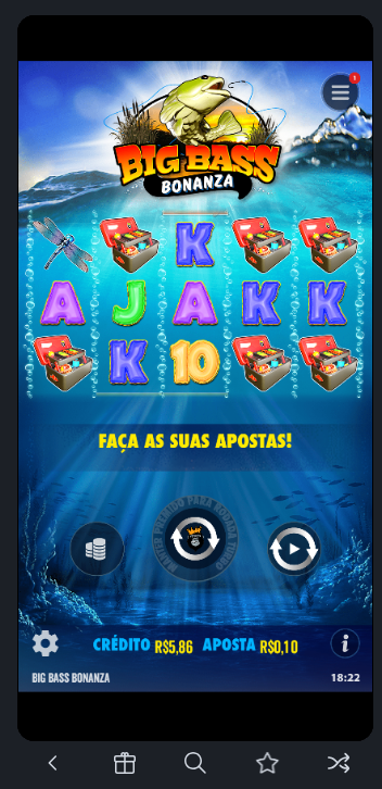 Slot Big Bass Bonanza com pesca e destaque para os símbolos de letras e organizador de iscas