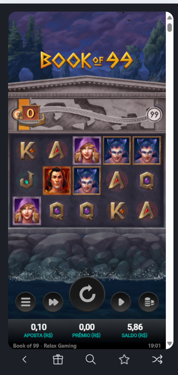 Slot Book of 99 com temática grega e rodadas a partir de 10 centavos